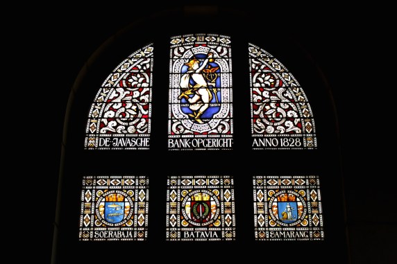 Stained Glass panel at the former De Javasche Bank (1828) in Kota Toea.  Today, it houses the Museum Bank Indonesia.