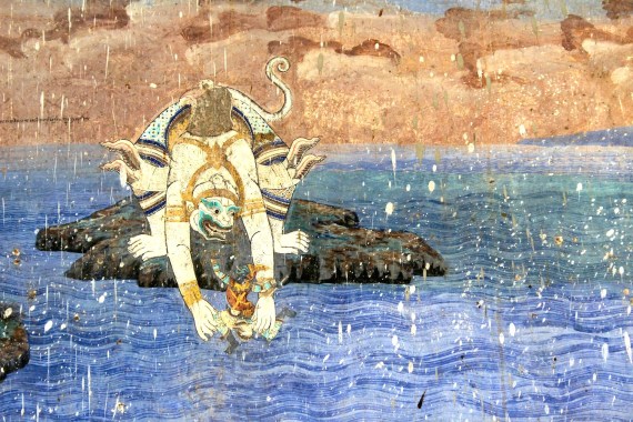 Scene from the Reamker Murals, on the Palace Cloister walls. This scene probably depicts Hanoman in Lanka. 