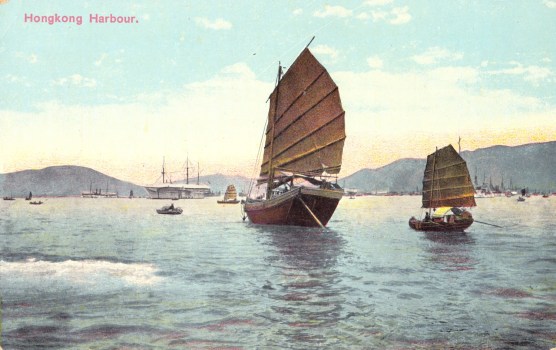 An iconic junk in Hong Kong Harbour, early 1900s. 
