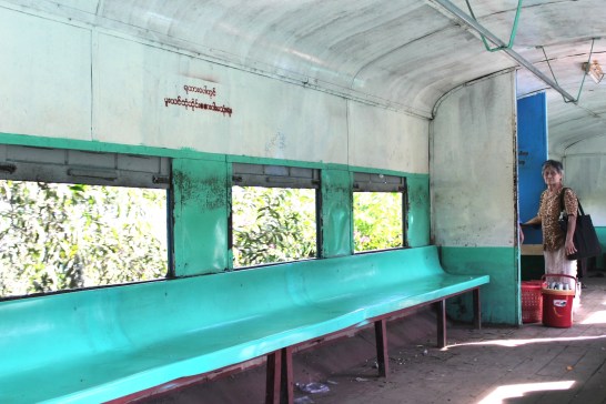 Interior of the Yangon Circular Train, during a rare moment of silence.  