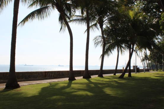 View of the Malacca Straits from the Grounds of the E & O Hotel in Penang.