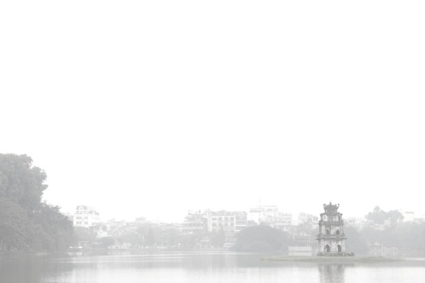 Hoan Kiem Lake, shrouded in mist.